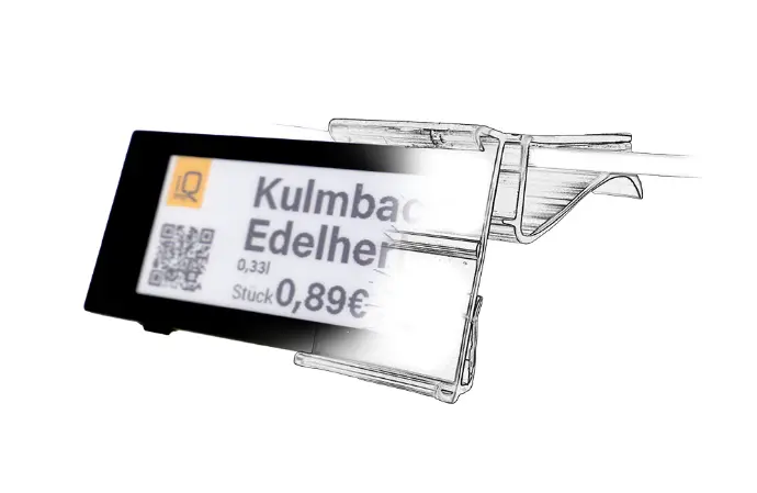 Glas- und Holzbodenschiene für digitale Preisschilder.