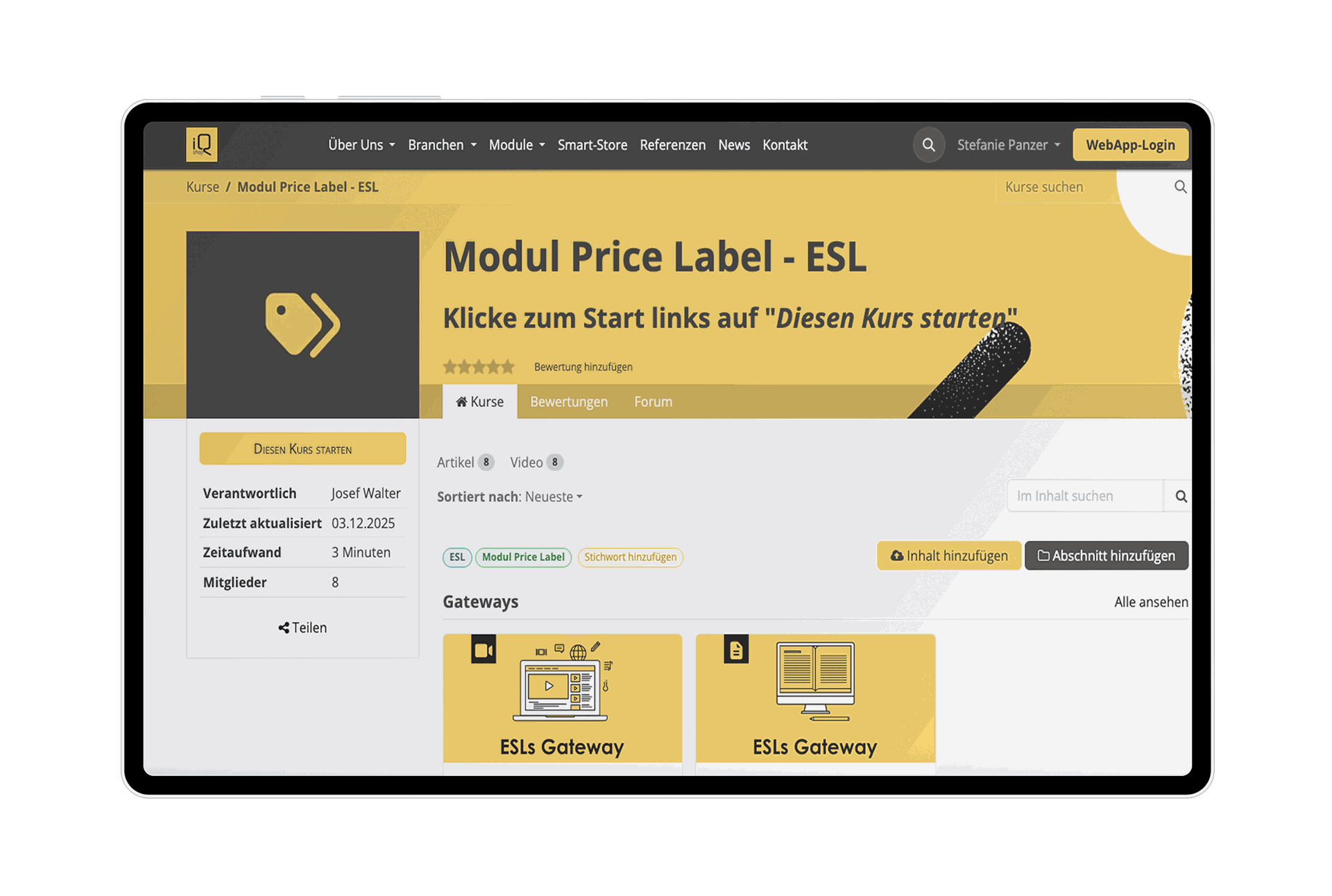 E-Learning Plattform von Shop-IQ für das Modul Price Label für Kunden.